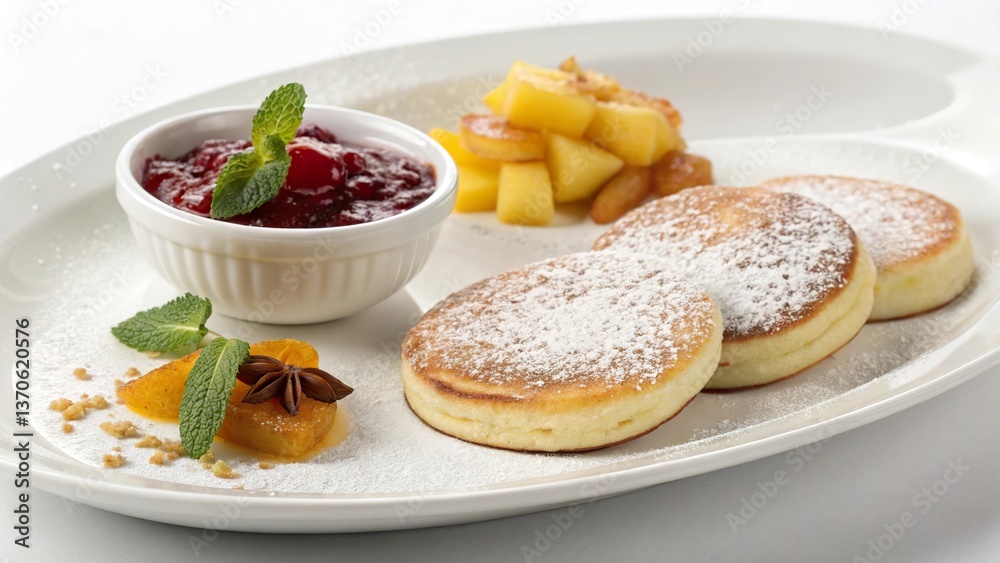 Delightful blini served with a sprinkle of sugar and cinnamon, accompanied by fresh fruit and berry compote Delightful blini served with a sprinkle of sugar and cinnamon, accompanied by fresh fruit and berry compote