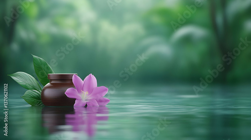 Tranquil spa scene dark pot, orchid, leaves floating on calm water, lush green backdrop