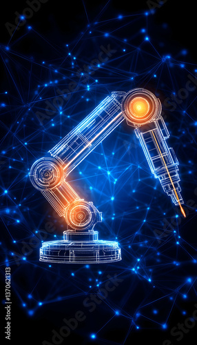 Transparent robotic arm with glowing joints against a dark, connected-node background