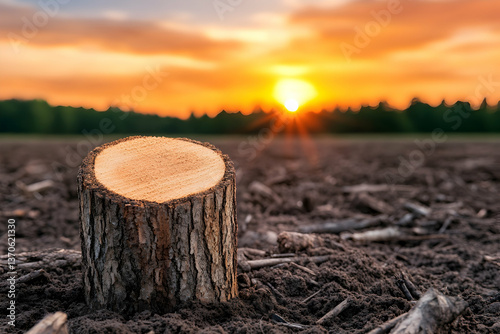 Tree stump in plowed field at sunset