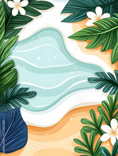 Tropical beach scene with clear water, sand, and lush foliage