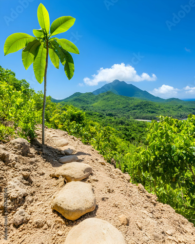 Tropical hiking trail with stepping stones, lush vegetation, and a volcanic mountain backdrop under a vibrant blue sky