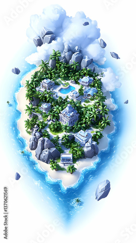 Tropical island paradise with buildings, pool, lush vegetation, and rocky shores, floating in clouds