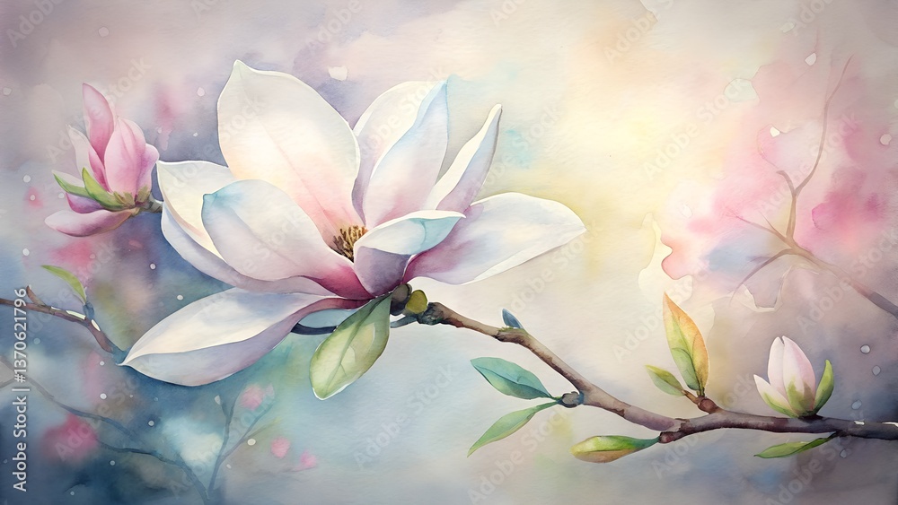 delicate spring background with blooming magnolia branch, gradient from white to pink delicate spring background with blooming magnolia branch, gradient from white to pink
