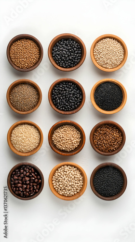 Twelve small wooden bowls filled with various grains and legumes, arranged in a grid on a white background
