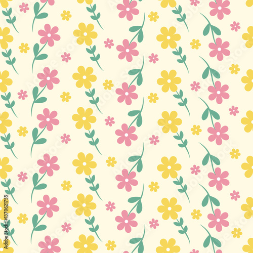 Seamless pattern with yellow and pink flowers. Vector cute illustration of flowers