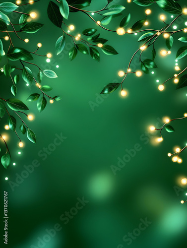 Twinkling fairy lights strung amidst lush green foliage, creating a magical, dark green backdrop