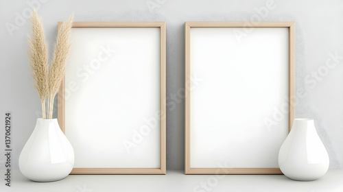 Two blank frames with vases and pampas grass on a neutral background