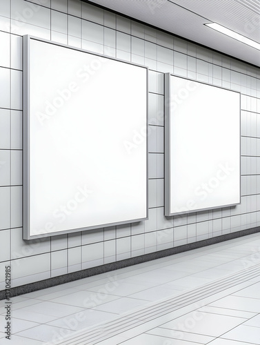 Two blank white billboards mounted on subway wall