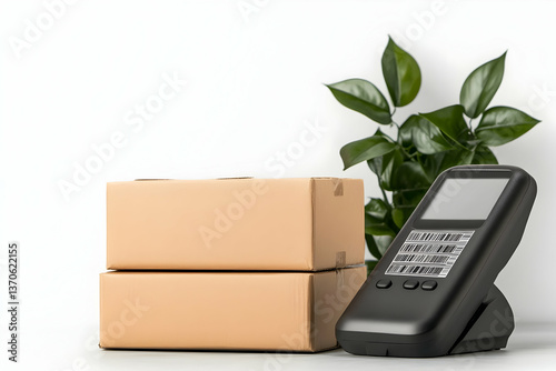 Two cardboard boxes, a handheld scanner, and a plant on a white background