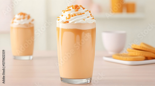 Two creamy caramel iced drinks topped with whipped cream and caramel bits, served with cookies