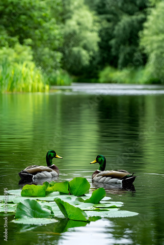 Two ducks on calm water amidst lily pads and lush greenery