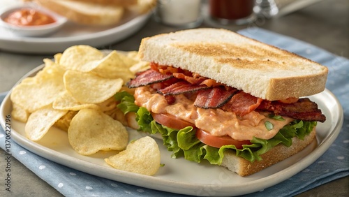 Enjoying a delicious BLT sandwich with spicy sriracha mayo and crispy chips at a cozy café