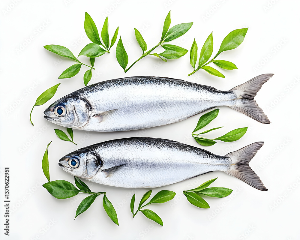Two fresh, silvery fish arranged with green leaves on a white background Two fresh, silvery fish arranged with green leaves on a white background