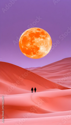 Two figures walk across red sand dunes under a large, orange moon