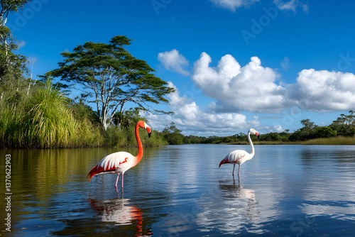 Two flamingos stand in calm river water, reflected, under a bright blue sky with fluffy clouds and lush green vegetation