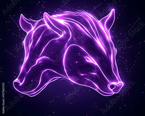 Two glowing purple wolf heads intertwined, digital art