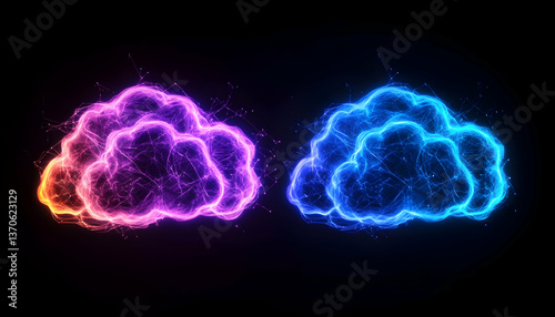 Two glowing cloud forms, one pink-orange, one blue, with network connections