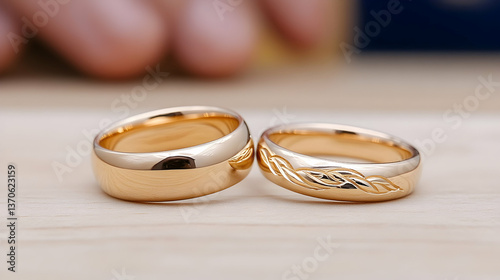 Two gold wedding bands; one plain, one with leaf pattern, rest on light wood