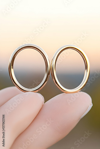Two gold wedding bands held gently between fingers against a soft, blurred sunset backdrop