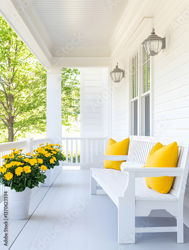 Sunny porch with white bench, yellow pillows, and potted flowers