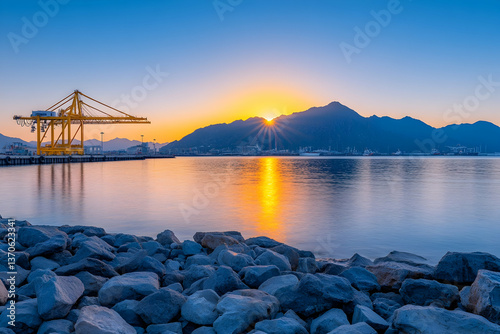 Sunrise over calm harbor with cargo crane and rocky shore