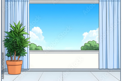 Sunny room interior with plant, window, and light blue curtains