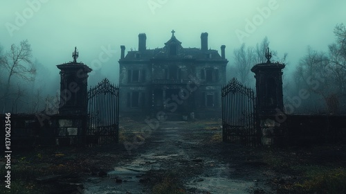 Foggy, abandoned mansion, gothic architecture, overgrown grounds