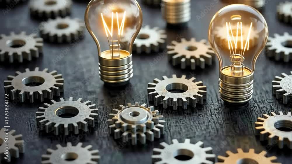 Light bulbs illuminate metal gears on a dark surface showcasing the theme of innovation and creativity in engineering