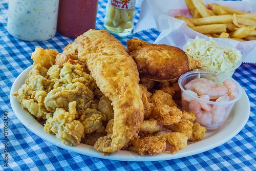 fried seafood platter with shrimp, oysters, crab cakes, and fish fillets