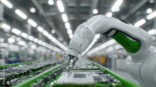 Wallpaper Mural Robotic arm precisely assembling circuit board in a modern factory.  The arm is white with green accents.  Components and circuitry are visible on the board. Torontodigital.ca