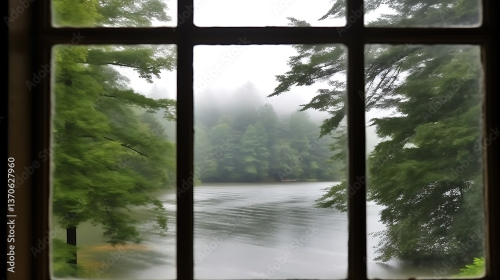 Fototapeta premium Foggy lake view seen through a window pane