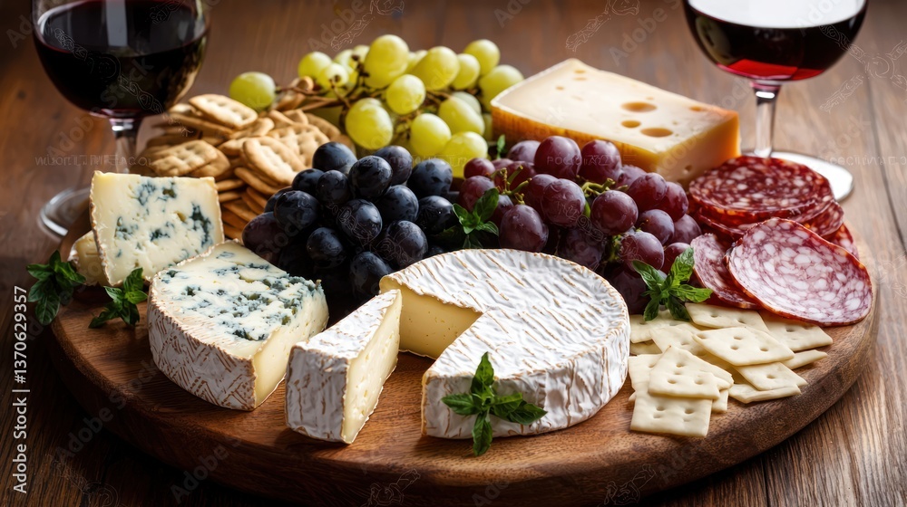 A close-up of a beautifully arranged cheese board with wine glasses A close-up of a beautifully arranged cheese board with wine glasses