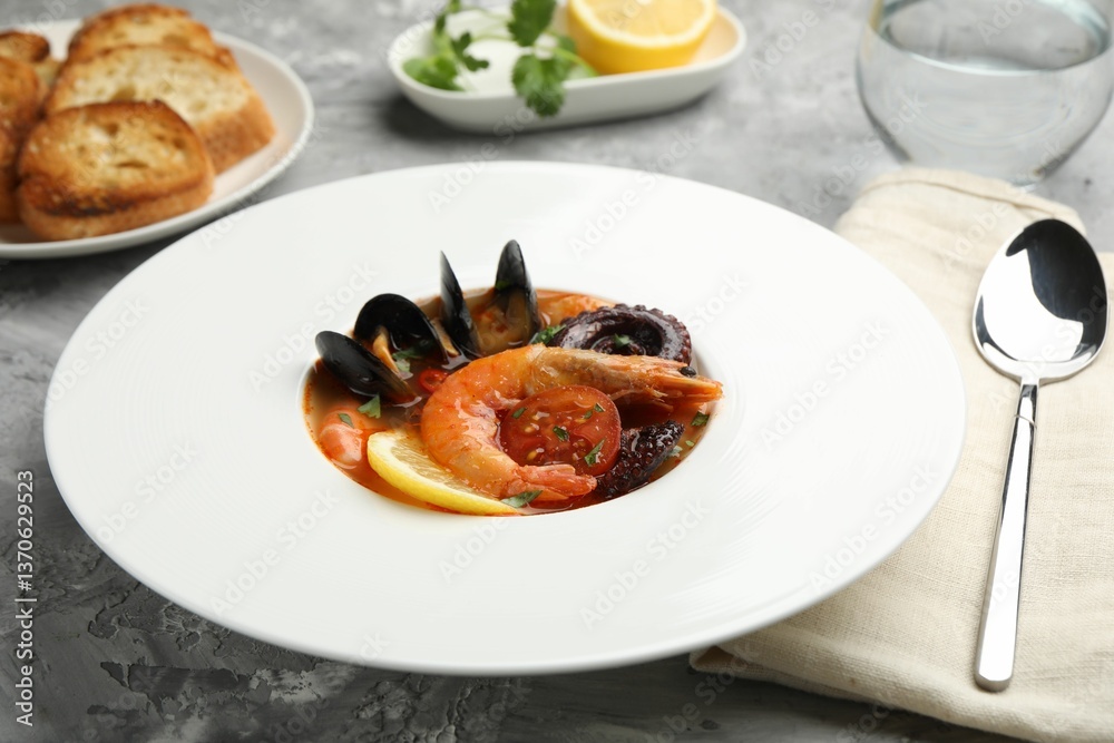 Delicious seafood soup served on gray textured table, closeup Delicious seafood soup served on gray textured table, closeup