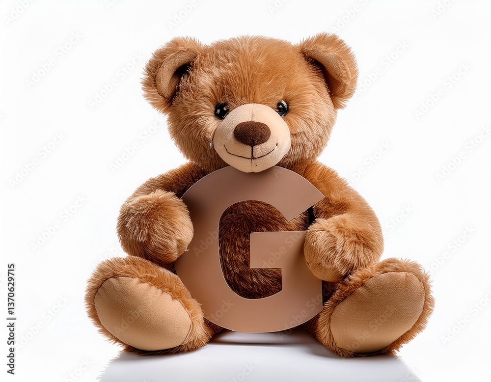 Obraz premium Cute brown teddy bear with letter G. Baby name reveal after child birth. Stuffed animal isolated on white background