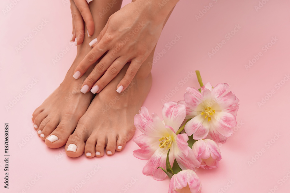 Woman showing neat toenails and fingernails after pedicure and manicure procedures and flowers on pink background, closeup