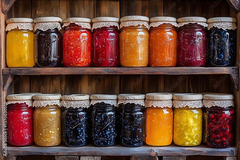 A collection of mason jars filled with homemade preserves and jams A collection of mason jars filled with homemade preserves and jams