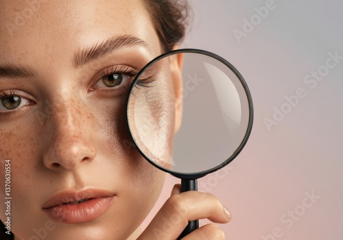 Woman examining her skin with a magnifying glass for skincare analysis