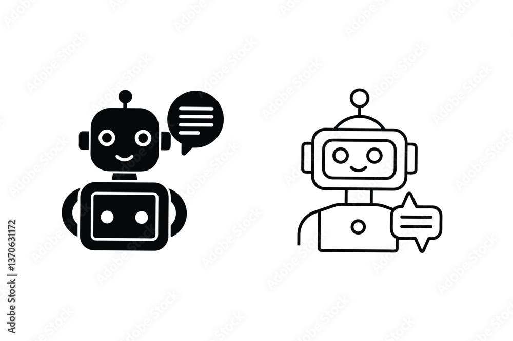 Friendly Robot Chatbot Icons Solid and Outline Styles