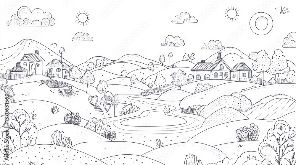 Fototapeta premium Hand-drawn rural landscape with hills, houses, and a pond. Perfect for coloring books or educational materials