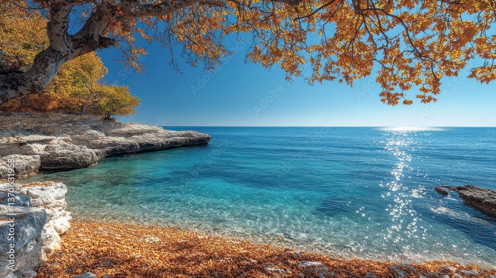 Autumnal coastal scene with golden leaves, clear turquoise water, and sunlit rocks