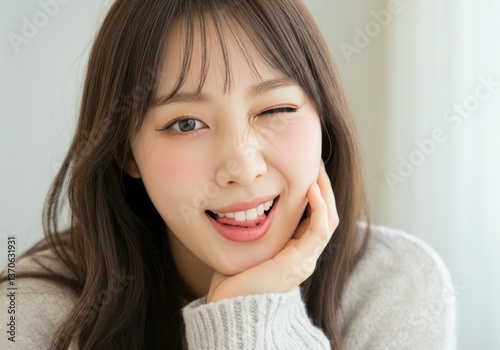 Woman playfully winking and sticking out her tongue, showcasing a cheerful expression