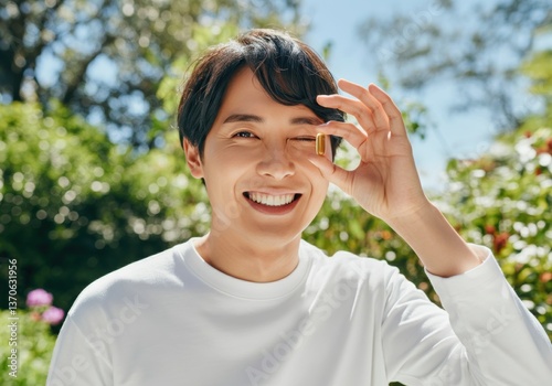 Smiling man holding a capsule, showcasing joy and wellness in nature