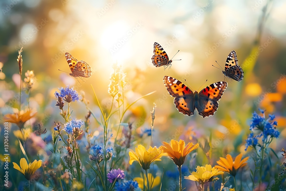 A bright, sunny meadow with butterflies fluttering among wildflowers, creating a cheerful and lively scene A bright, sunny meadow with butterflies fluttering among wildflowers, creating a cheerful and lively scene