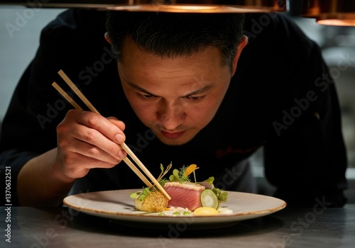 Chef carefully plating a gourmet dish with precision and artistry