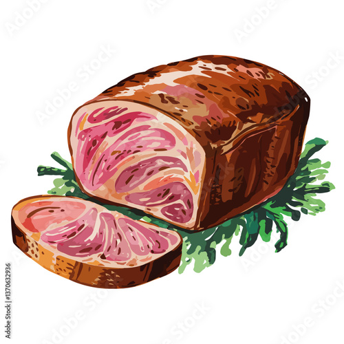 Watercolor Style Sliced Meatloaf with Herbs