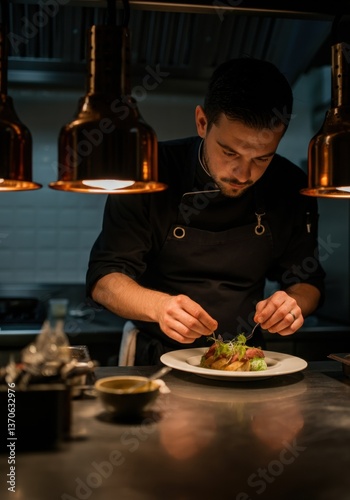 Chef meticulously plating a gourmet dish in a modern kitchen setting