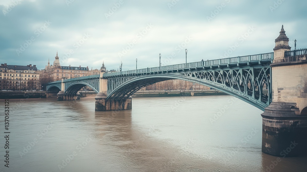 A large steel bridge spans a wide river on a cloudy day A large steel bridge spans a wide river on a cloudy day