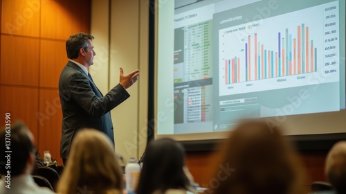 A business accountant presenting quarterly earnings reports on a large screen in a corporate meeting