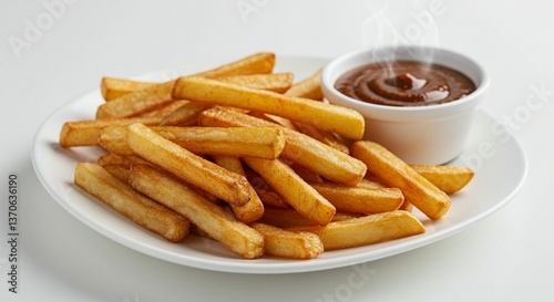 french fries with clear white background with sauce in the beside with white plate